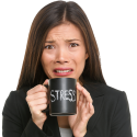 Professional woman holding mug with the word "stress" on it